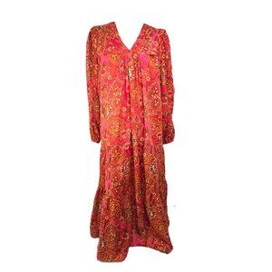Julia Jordan Red Pink Floral Paisley Pleated V Neck Boho Tiered Flowy Maxi Dress